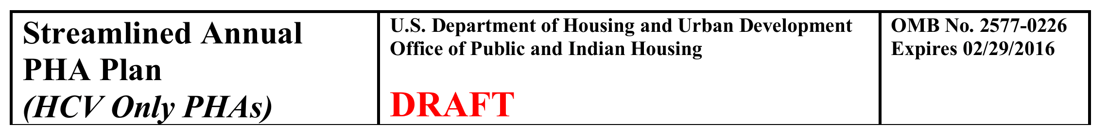 Streamlined Annual PHA Plan (HCV Only PHAs) U.S. Department of Housing and Urban Development Office of Public and Indian Housing OMB No. 2577-0226