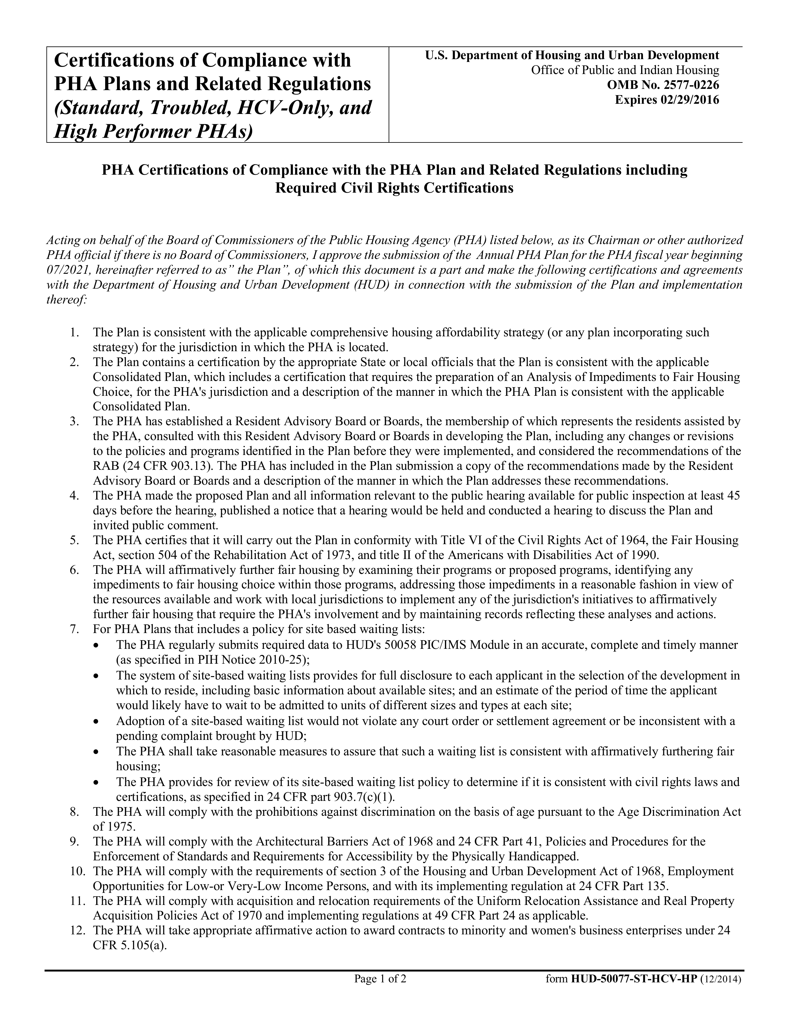 PHA Certifications of Compliance with the PHA Plan and Related Regulations including Required Civil Rights Certifications (part 1)
