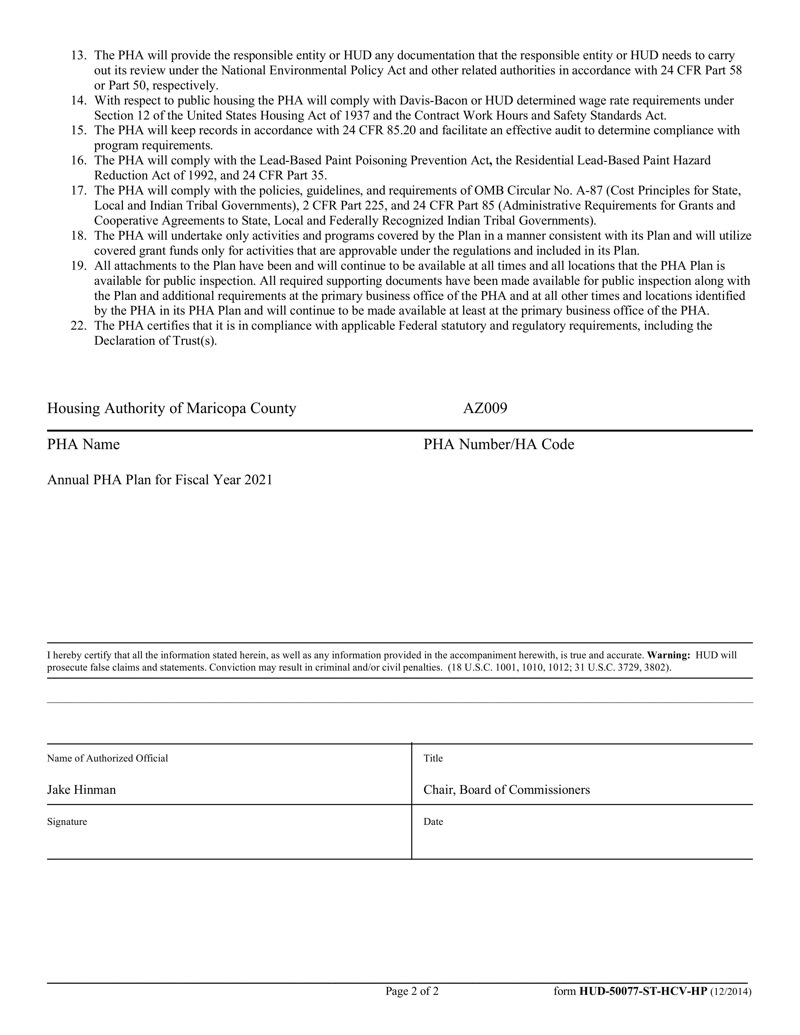 PHA Certifications of Compliance with the PHA Plan and Related Regulations including Required Civil Rights Certifications (part 2)