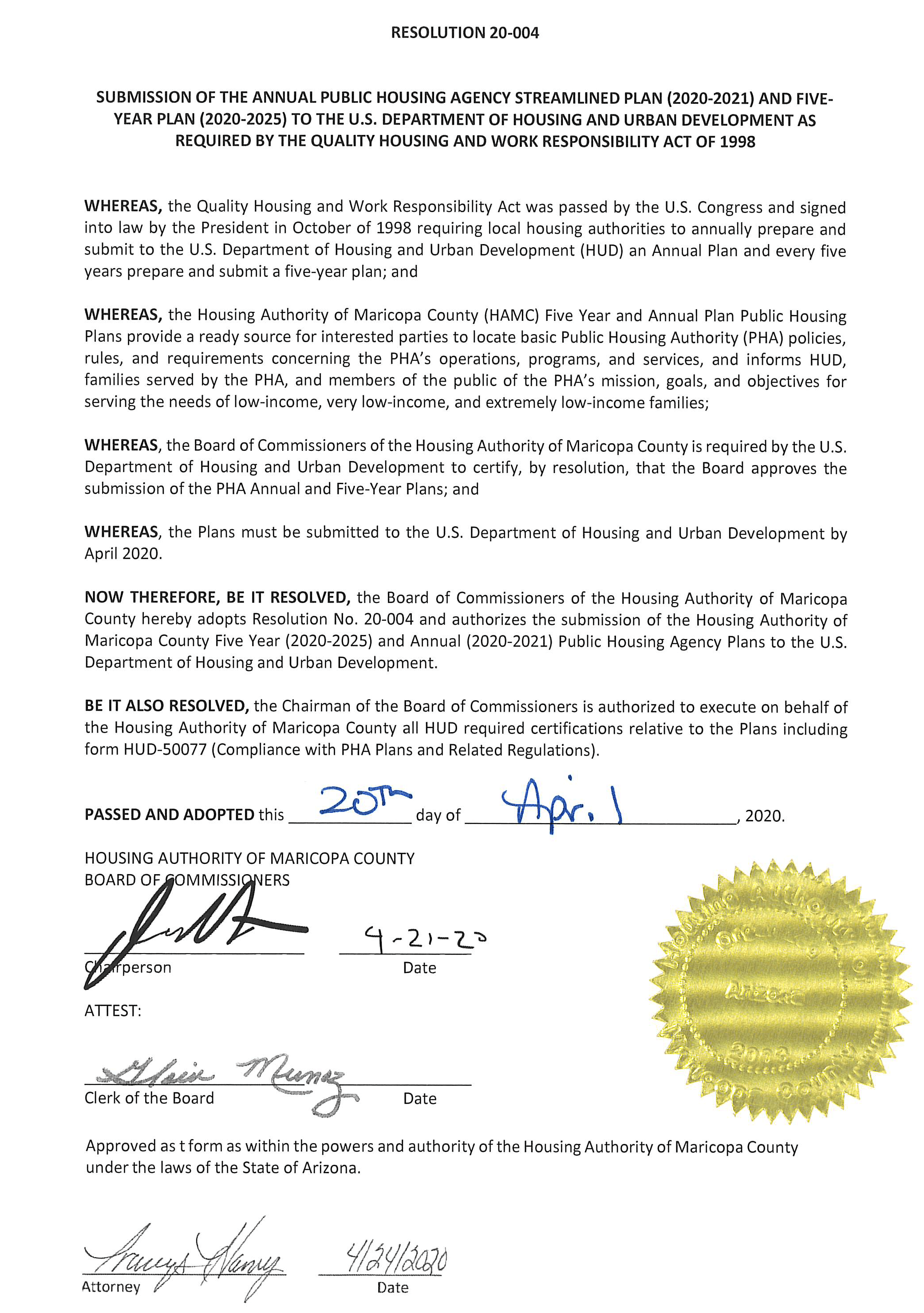 Resolution 20-004 certificate signed April 20th, 2020